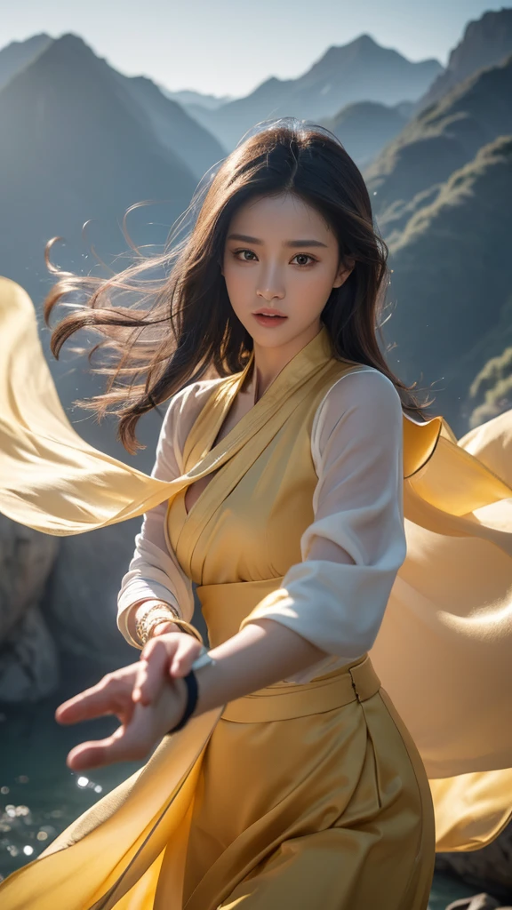 Best Quality, Masterpiece, Ultra High Resolution, (Realistic: 1.4), Xiuxian, Weapon, Detailed Face, .a beautiful woman Solo, Weapon, , (Magic Circle: 1.2), Xiuxian, Upper Body, Sheath, (Absurd, Resolution Tall , Highly Detailed), Asian,a female, ,twenty year old female,beautiful,ideal tall female broad shoulders,very short hair,undercut,dark brown eyes,delicate eyes and detailed face,highly detailed Unity 8k CG wallpaper , intricate details, (vortex magic force: 0.7), looking at the viewer, solo, (whole body: 0.6), detailed background, detailed face, hair fluttering in the wind, martial artist, dynamic pose, battle pose , clenched hands, fingerless gloves, bracelets, dragon theme costumes, monk robes, alpine mountain background, rotating floating particles, dynamic composition, hanfu, jinshan, jinshan background, jinshan background, jinshan mountain, flowing golden water