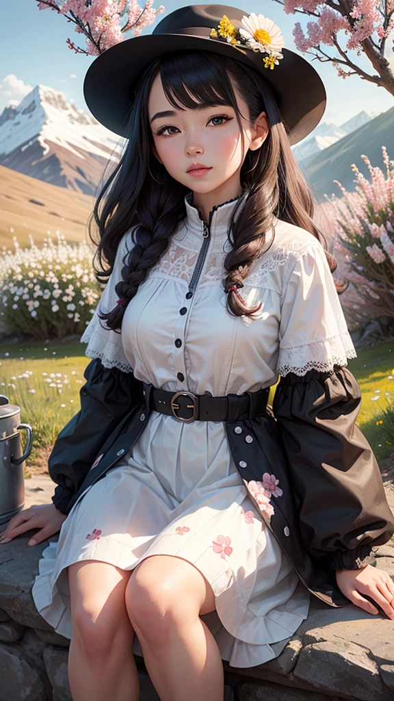 Flowering trees with yp mountain flowers with a woman with a sixth of flowers