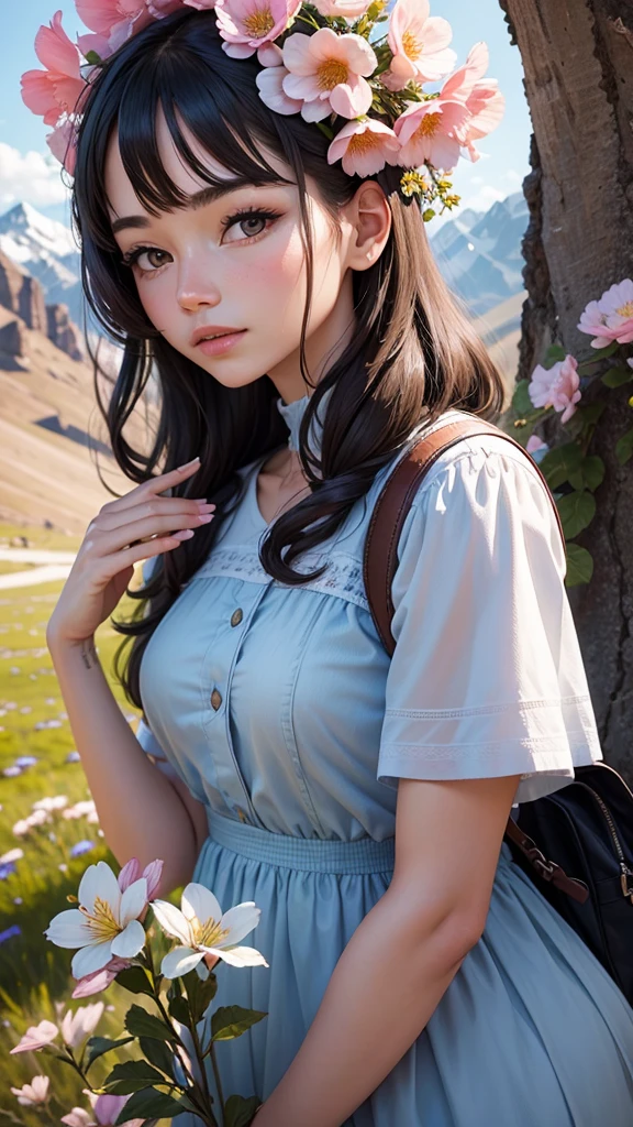 Flowering trees with yp mountain flowers with a woman with a sixth of flowers