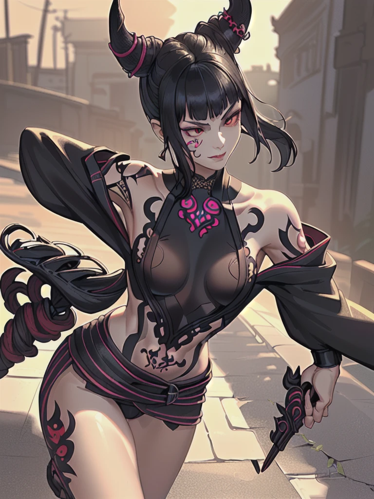 (photorealistic:1.3), masterpiece, best quality, (intricate details:1.2), (scenery:1.3), beautiful face, (black theme:1.3),
(((1girl, a girl in patterned kimono holding a dagger in her hand, (look at veiwer:1.3), (face tattoo:1.2), small oni horn,
))), full body, split in half