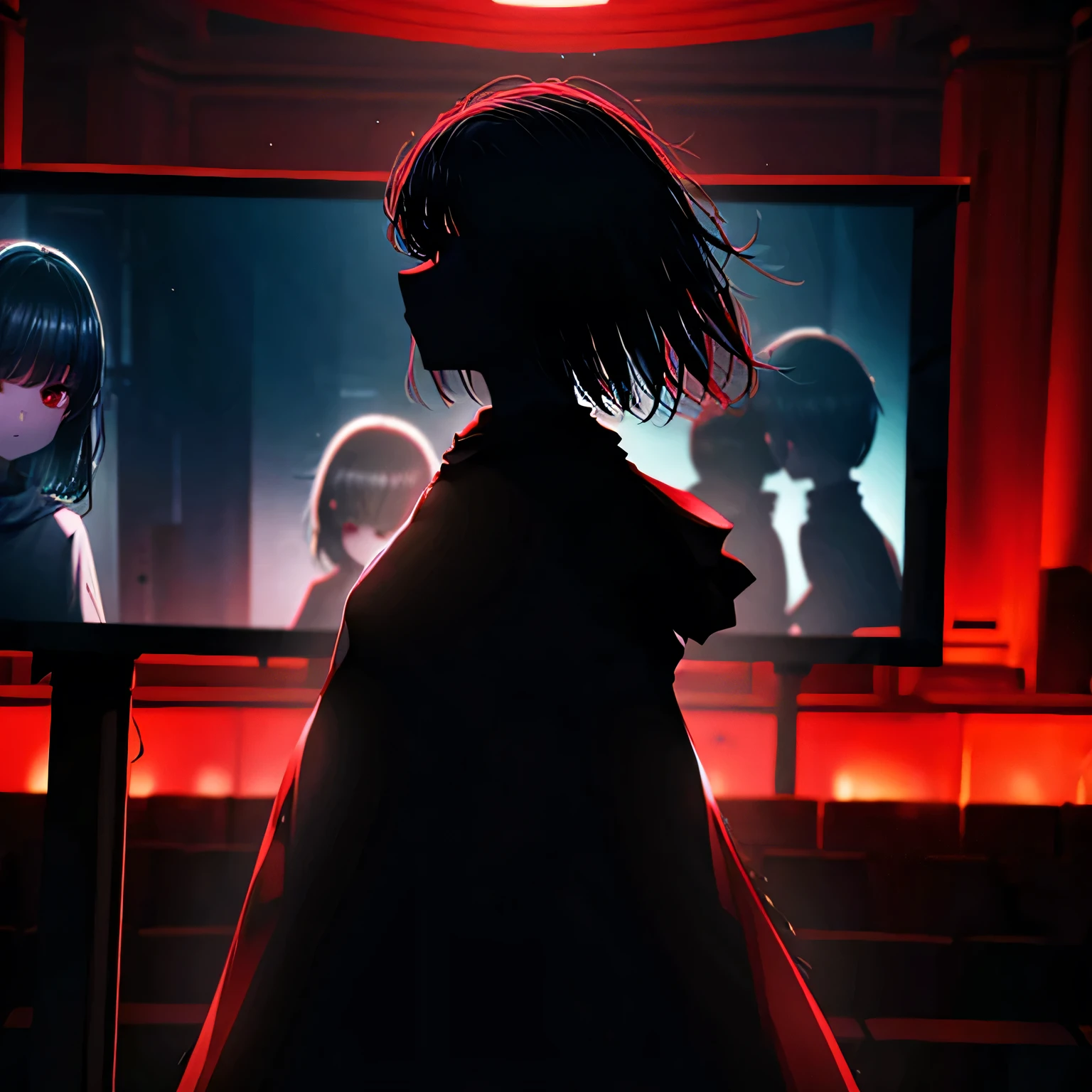 I want a large cinema screen where there's a person on the screen and in front of the screen: a masterpiece. A woman with red eyes stands in front of a window. Her beautiful eyes are visible on a large monitor screen in the background. A girl is in the center, her silhouette standing out. The red lighting highlights her red eyes and the blood. The room is detailed and dimly lit, with light coming from screens and monitor panels. The panels depict girls, and on these panels, many eyes are visible.