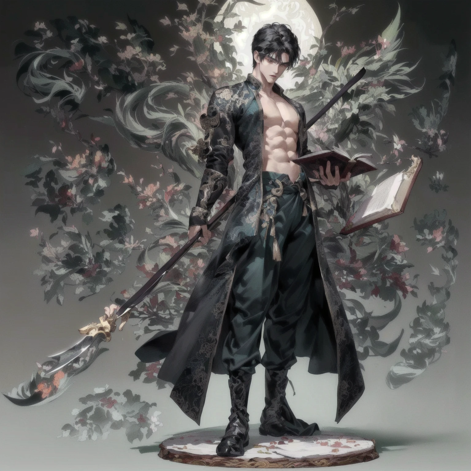 ((Extremely complex and exquisite details，masterpiece，Highest quality，Full body picture of a strong, masculine and handsome man with short black hair，Modernity，Strong handsome masculine style，Holding a stick with a machete in his right hand，Holding book in left hand，Showing off muscles))，Very strong muscles，Delicate Chinese dragon and pine tree background