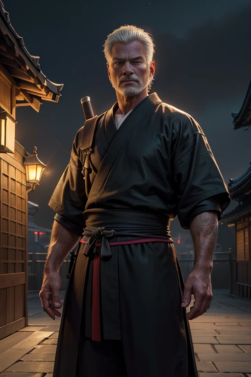 (masterpiece, Extremely realistic, photo-realism, Extremely precise in every detail:1.1), (best quality:1.1), (extremely detailed CG unity 8k wallpaper), (best illustration), (best shadow), (absurdres:1.1), (realistic lighting), ((beautiful detailed glow)), a senior Ninja, hold a Samurai-sword, on the old Edo-city, night time