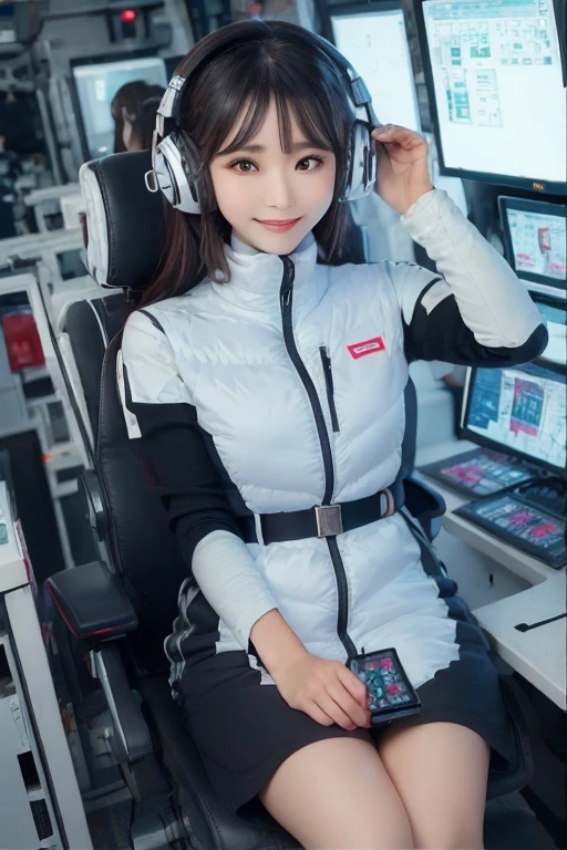 masterpiece, Highest quality, Very detailed, 8K Portrait,Japanese Android Girl,plump , Control panel,Robotic arms and legs, Blunt bangs,,break (Metallic Gray, Metallic luster, Mirror finish, Astro Best):5,headphone:5,break (Black sleeves):100,Smart Watches,Futuristic space station,Control Room,break headphone,blue eyes,(Black Hair):2,(Long Hair):1.3,Displaying the viewer,(respirator),break blush:3,Hidden Hand,smile
