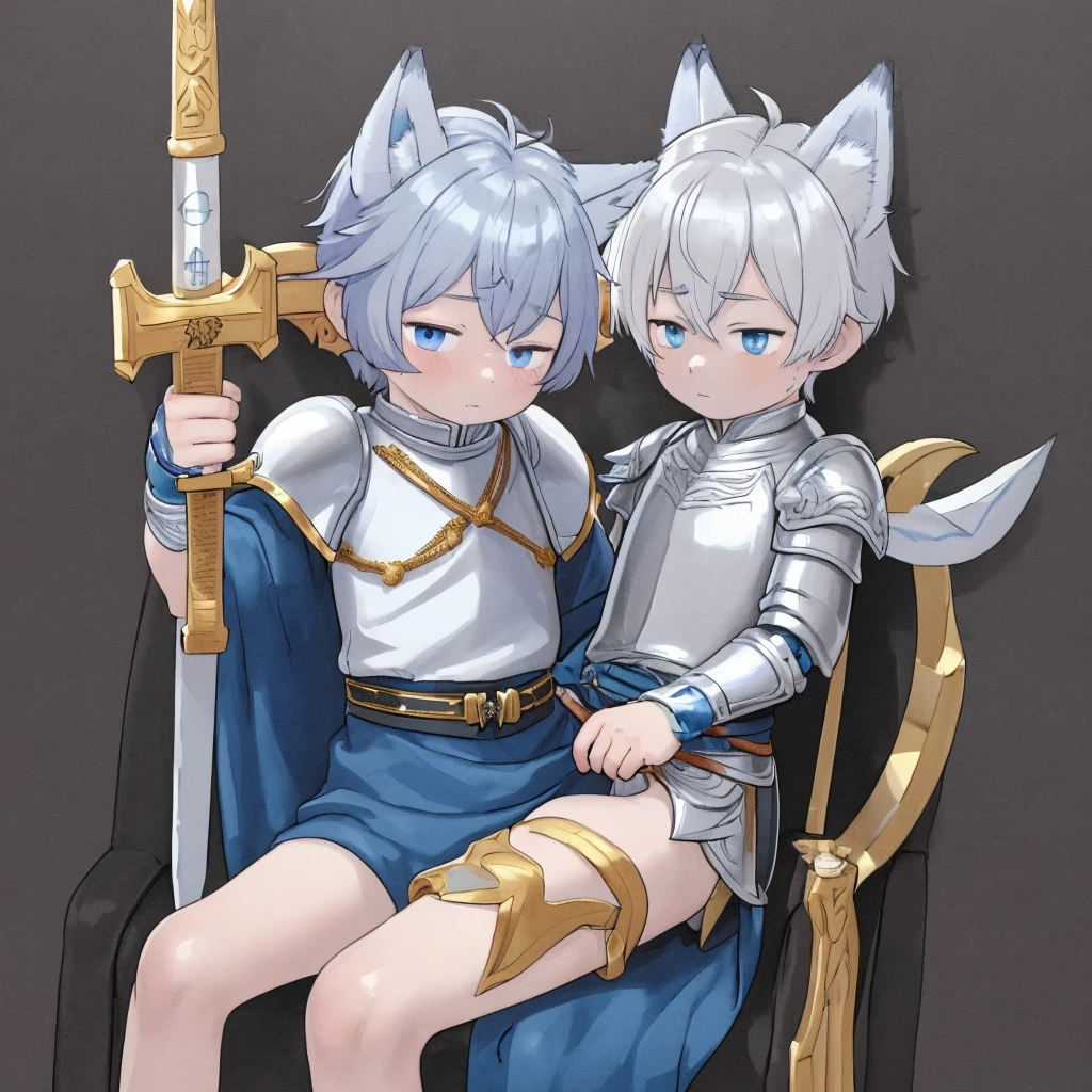 A simple man who has ears and a tail like an ice wolf and he sits on a throne holding his sword and his armor made of the finest materials.