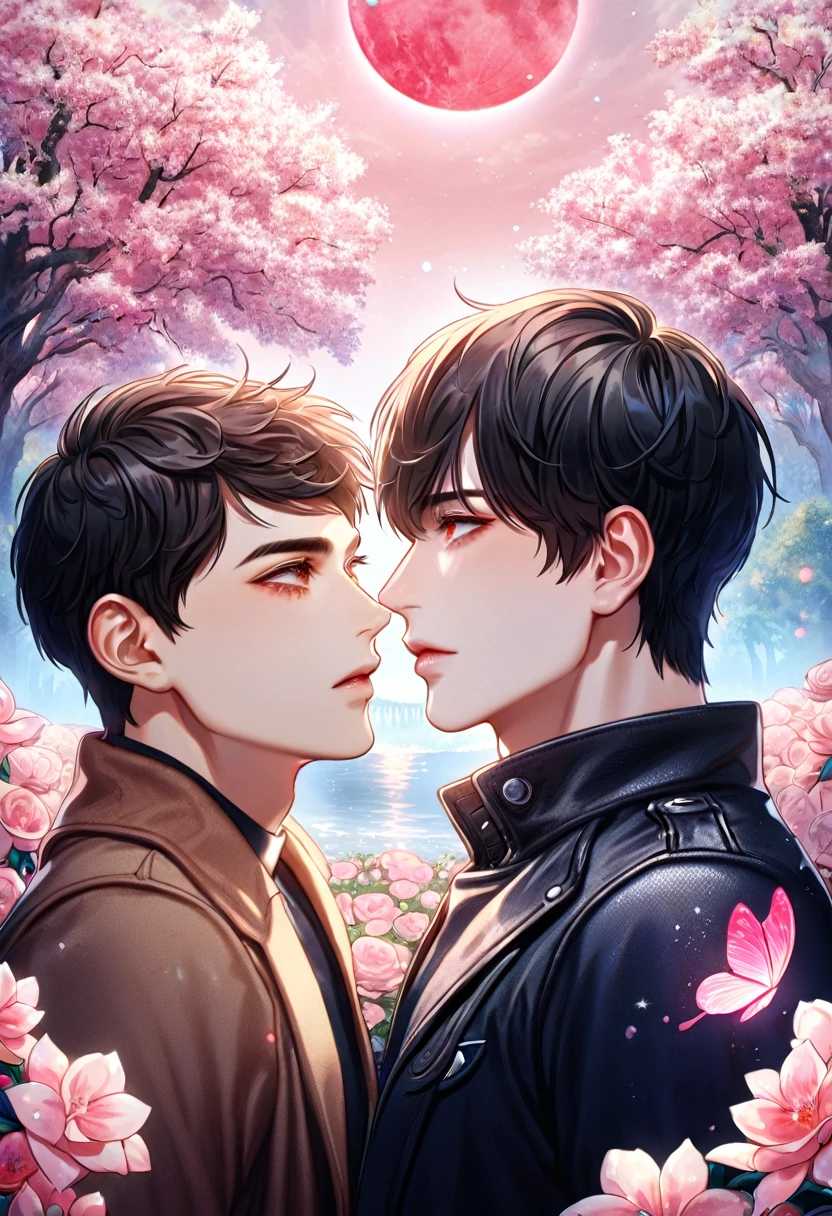 (absurdres, highres, ultra detailed, HDR) master piece, best quality, extremely detailed face, delicated features, Han Yoohyun, black hair, expressive red eyes, The S-Classes That I Raised, Han Yoojin, black hair, expressive brown eyes, two sexy men together, gay couple, yaoi, handsome, brown coat, black leather jacket, fantasy, magical, water, pink moon, pink flowers, pink butterflies, park