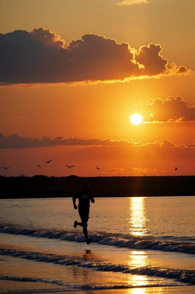 Running logo with a sunset landscape, with birds in the background, with a man and a woman running