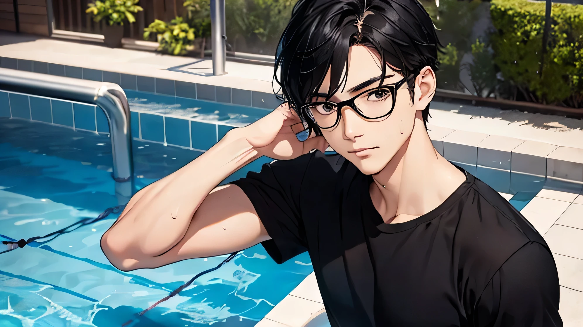 Handsome swimmer　Handsome Japanese male models 　Feeling grown up　Fierce　Black Hair　Very short haircut　barefoot　　Wear glasses　The black t-shirt on the upper body is plain　　Full-body image, upper body in black T-shirt　soaked　　The upper half of his body is soaked with his black T-shirt　smile　The lower half of the body is white speedo type swimwear.　Bulge　Swimming Pool　looking at the camera　Regular glasses　Thin frame 　Arty feel　cool