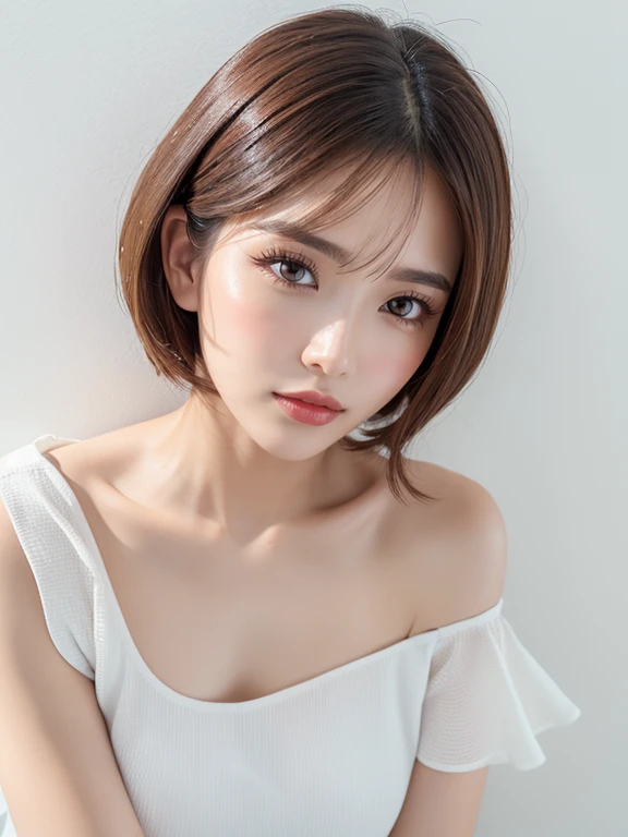 (Highest quality、Tabletop、8K、Best image quality、Award-winning works)、One beautiful mature woman、Voluptuous body、(short hair:1.1)、(Cleavage:1.1)、(Perfect white polyester sleeveless off shoulder camisole:1.5)、(Bright white open shirt:1.2)、(Very bright:1.3)、Bright and shiny shirt、(Leaning against the simplest white wall:1.4)、Close-up of face、Beautiful clavicle、Cleavage、Perfect Makeup、Lustrous and bright lips、Accurate anatomy、Ultra-high definition beauty face、Ultra HD Hair、Super high quality sparkling eyes、(Ultra-high resolution glossy skin:1.1)、Super high quality glossy lip、Look straight ahead