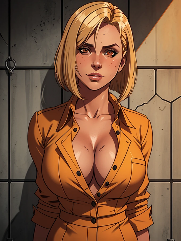 An image of a busty prisoner, blonde bob hair, gorgeous, wears orange prisoner outfit, in a penitentiary, digging the dirt, cleavage:1.2, unbuttoned shirt, (detailed skin complexion:1.2), best quality, deep color, complex shading effect, ambient occlusion, highly detailed textures