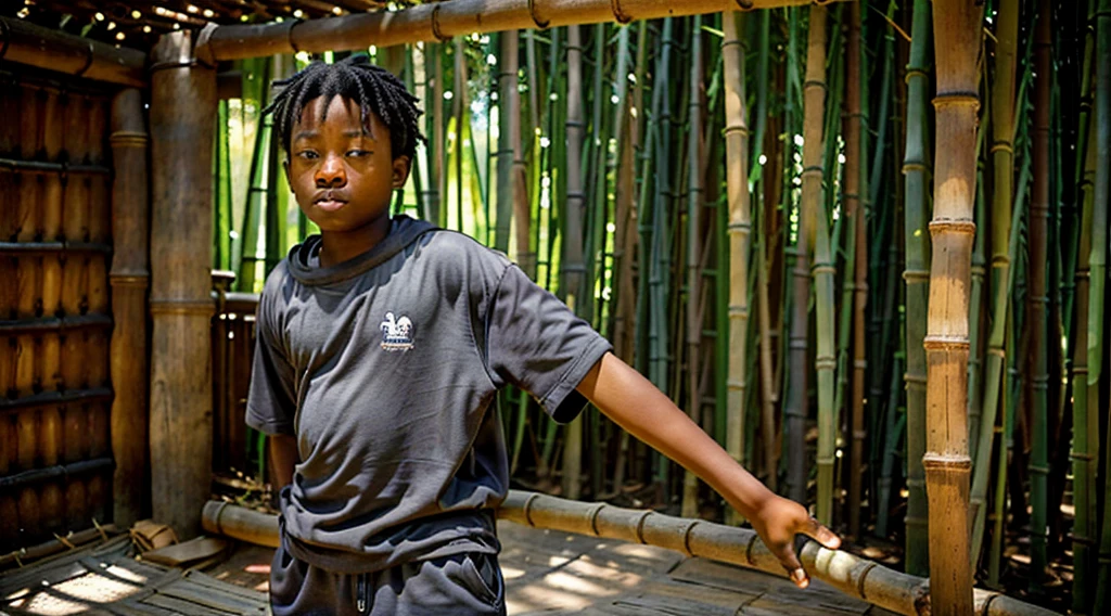 Image of a black ager, 12 yearing a dark gray long-sleeved shirt = no print - short curly hair - long pants and straw sandals, - looking in profile waking up from sleep into the bamboo grove, - movement of arms waking up in the morning - gets up waking up from the straw floor = stretches when waking up