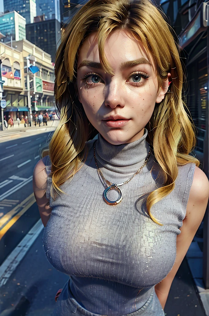 (masterpiece, Best quality), Beautiful woman, Sleeveless turtleneck top with detailed trim, trousers, blonde, Perfect body, necklace, Wavy hair, perfect face, Beautiful face, tempting, big gorgeous eyes, happy, (Open), City streets, NY, bright colors