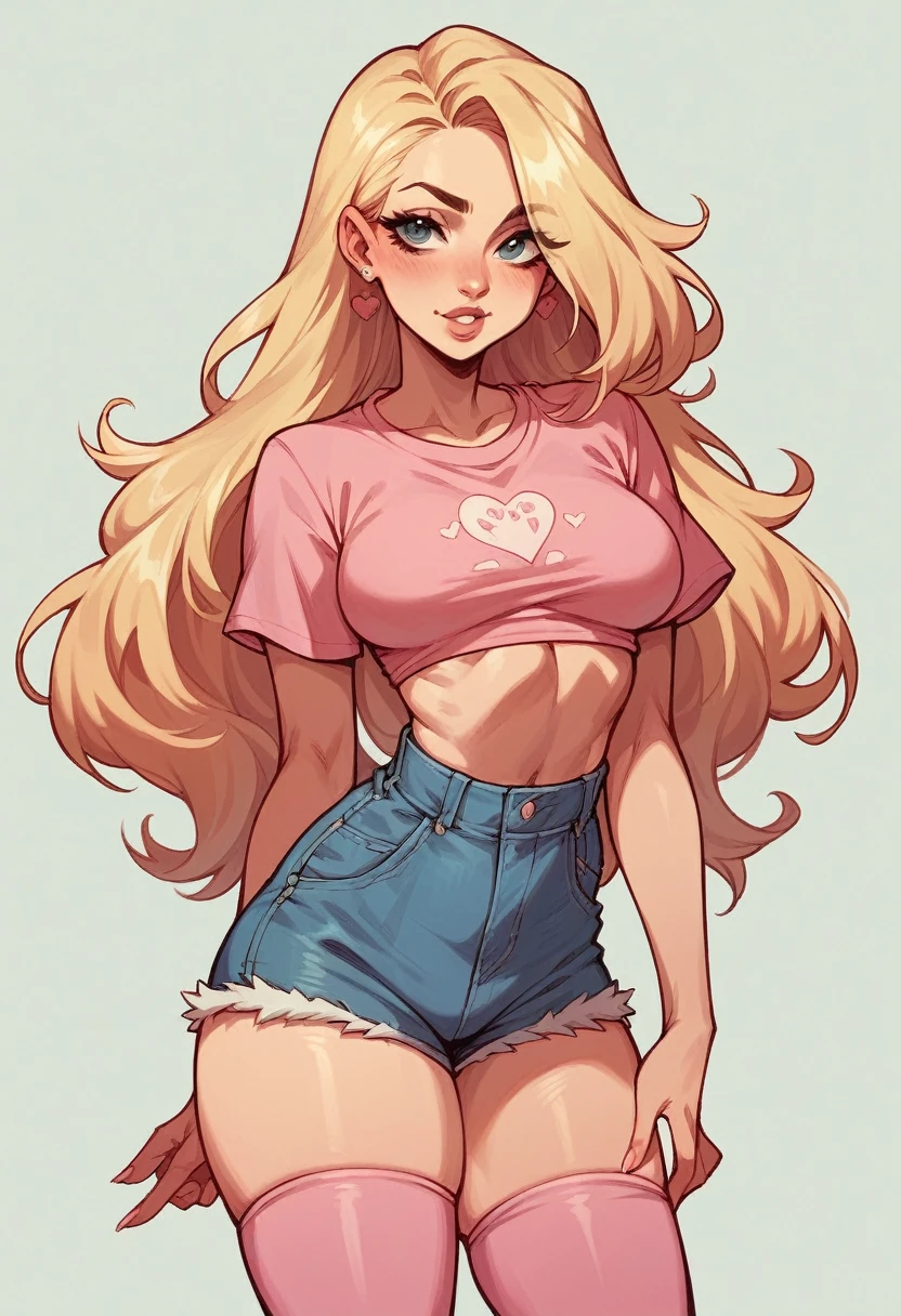 Blonde girl with breasts and big butt, small waist, a pink blouse and shorts and long pink stockings