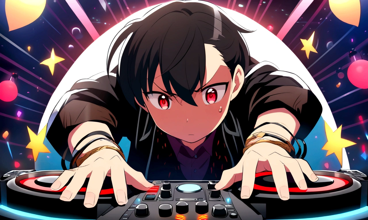 anime style, Chico,dj, Red eyes, emotions