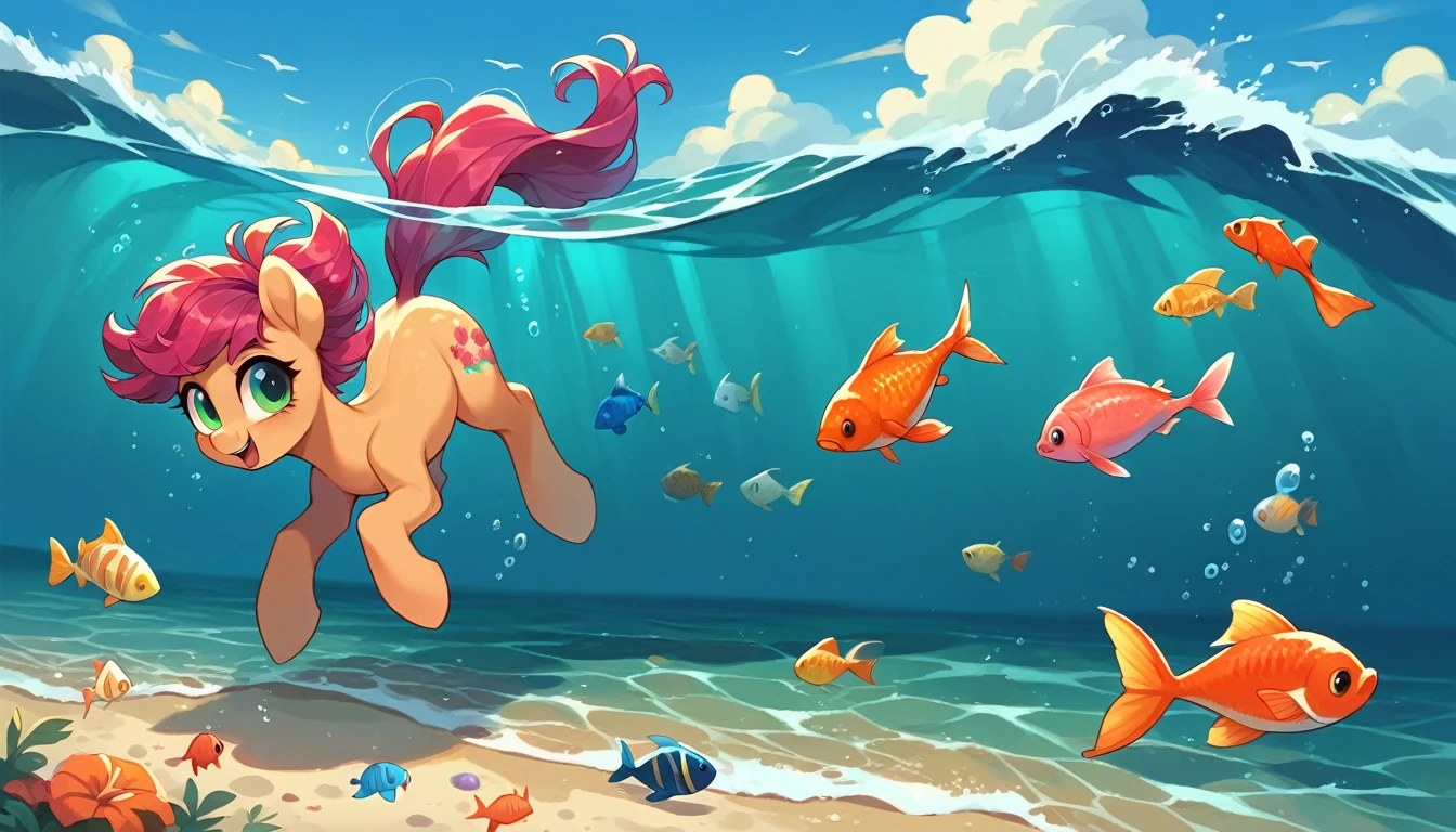 pony, swimming under water, during the day, at the beach, ponies swimming in background, waves, sunny, my little pony, fish, diving