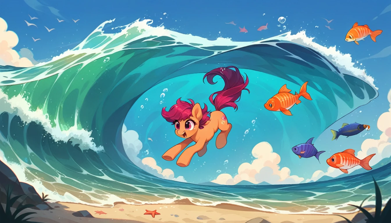 pony, swimming under water, during the day, at the beach, ponies swimming in background, waves, sunny, my little pony, fish, diving