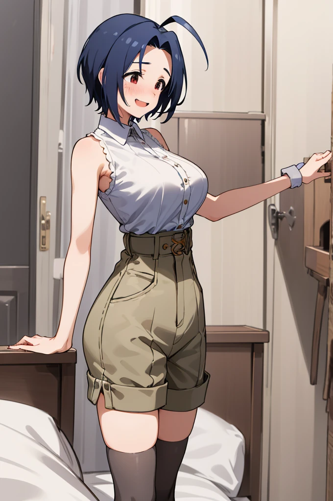 masterpiece, best quality, highres, aaazusa, short hair, ahoge, parted bangs, sleeveless,high waist shorts,thighhighs smile, my room, (trembling:1.2),huge breasts