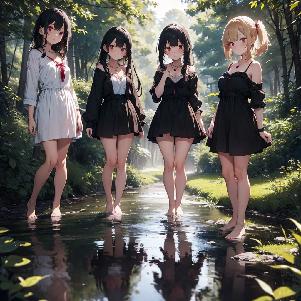 a group of beautiful witch girls in the middle of a forest in the night, standing girl , red and black hair, red eyes, young girl,scantily clad , small breasts, short black dress, necklaces, jewelry decorations, red and blonde hair, blue eyes, full body, bare feet