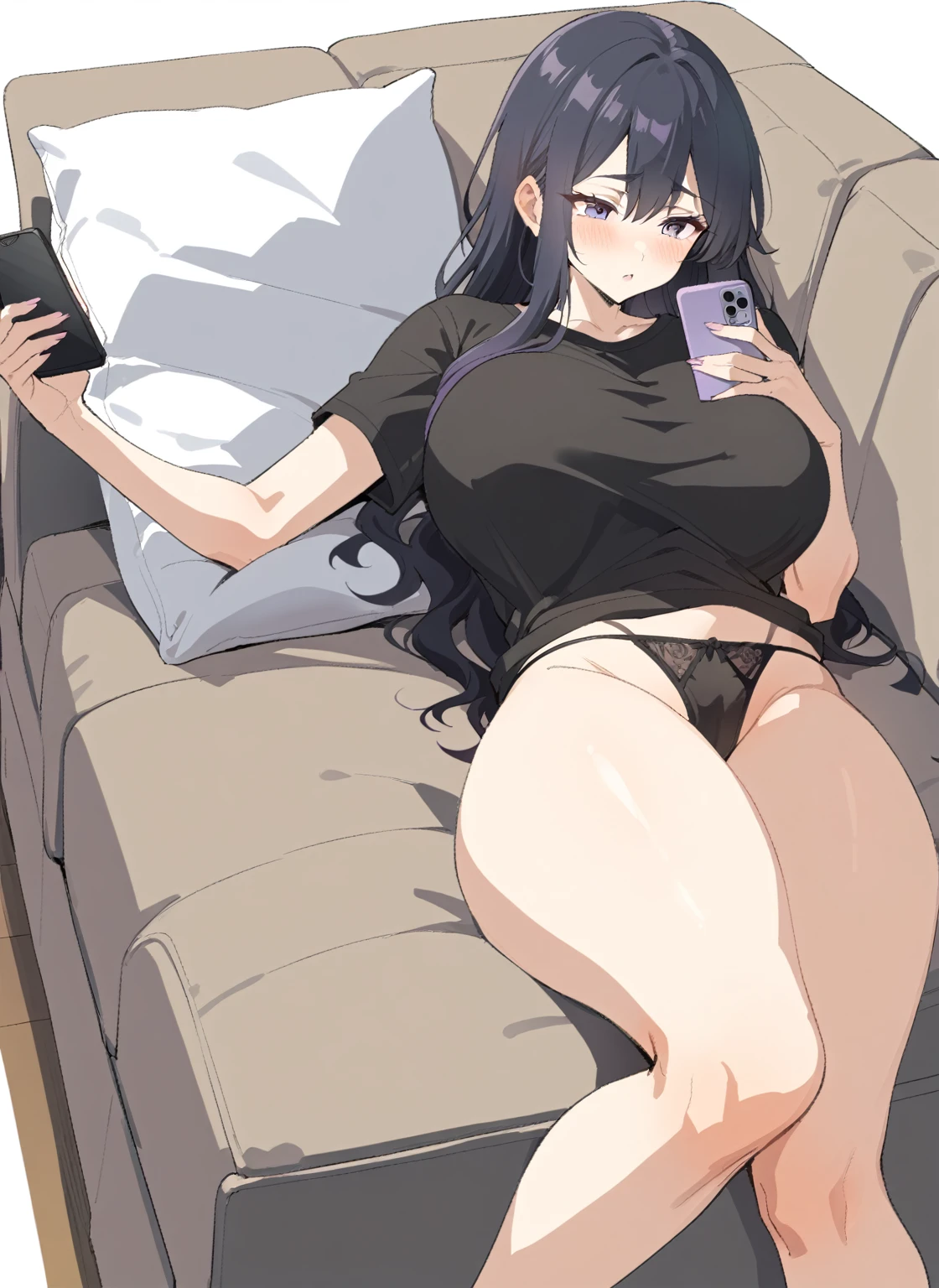 {{View from the front}} {{Artist: Sincos}} 1girl, Lying on the couch, loose black t-shirt, only wearing black string panties, checking her phone, purple eyes, long black hair, huge breasts, thick thighs