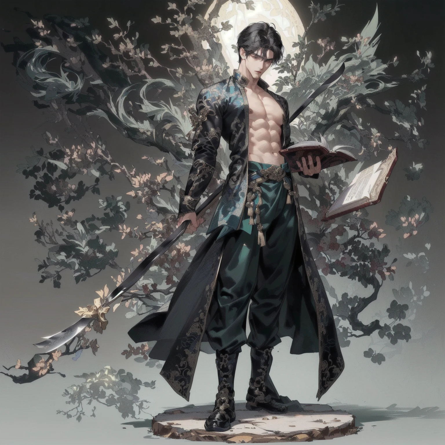 ((Extremely complex and exquisite details,masterpiece,Highest quality,Full body picture of a strong, masculine and handsome man with short black hair,Modernity,Strong handsome masculine style,Holding a stick with a machete in his right hand,Holding book in left hand,Showing off muscles)),Very strong muscles,Delicate Chinese dragon and pine tree background