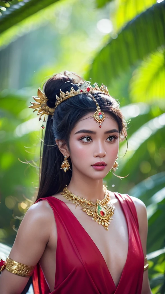 create a hyper realistic photo a beautiful indonesian woman as a hero in dynasty kingdom of majapahit, wearing small gold neklace like a queen, wearing red kemben ,long black hair with bun, doing floating meditation, energy bursts from around of her body, unreal engine 5, absurdres, volumetric mixed color line blue red white lighting around her body, eyes to camera, rainforest background