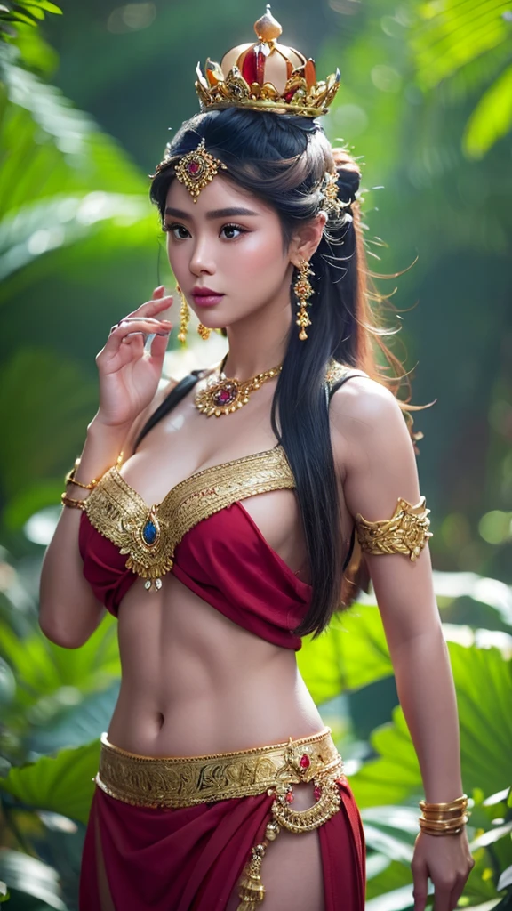 create a hyper realistic photo a beautiful indonesian woman as a hero in dynasty kingdom of majapahit, wearing small gold neklace like a queen, wearing red kemben ,long black hair with bun, doing floating meditation, energy bursts from around of her body, unreal engine 5, absurdres, volumetric mixed color line blue red white lighting around her body, eyes to camera, rainforest background