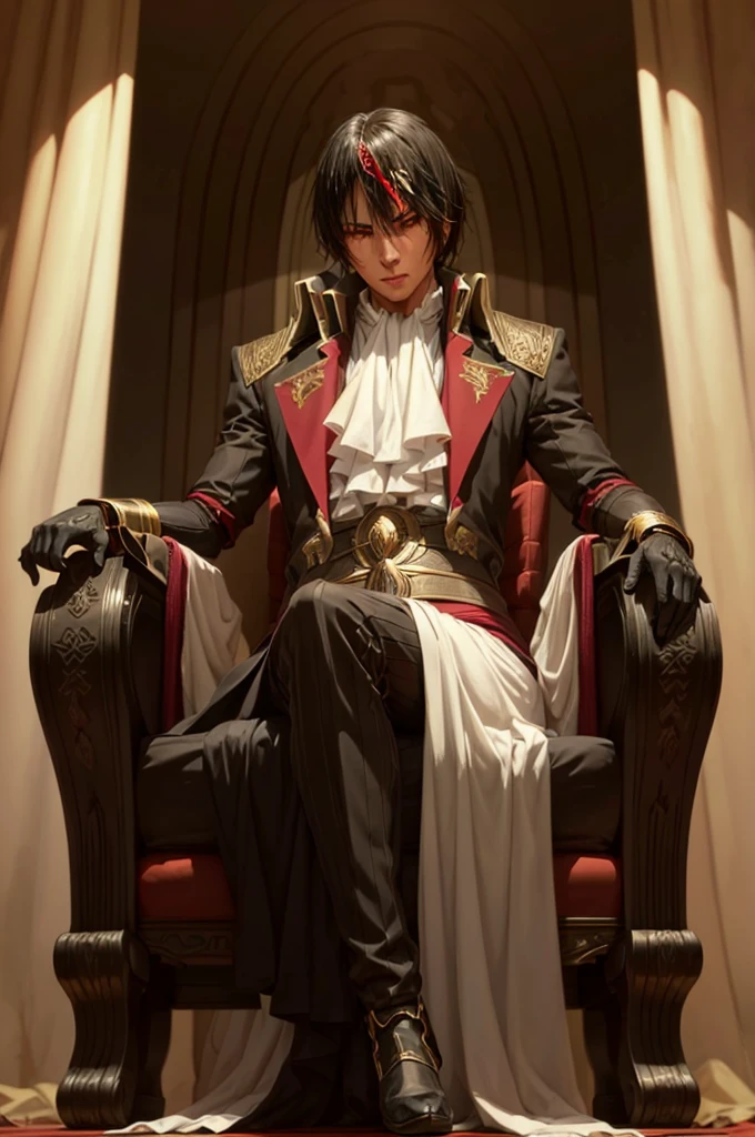 Diablo, detailed eyes, detailed face, detailed clothes, detailed black hair with red and golden line in front,  inside a palace, on a throne, sitting on a throne, character from a novel,