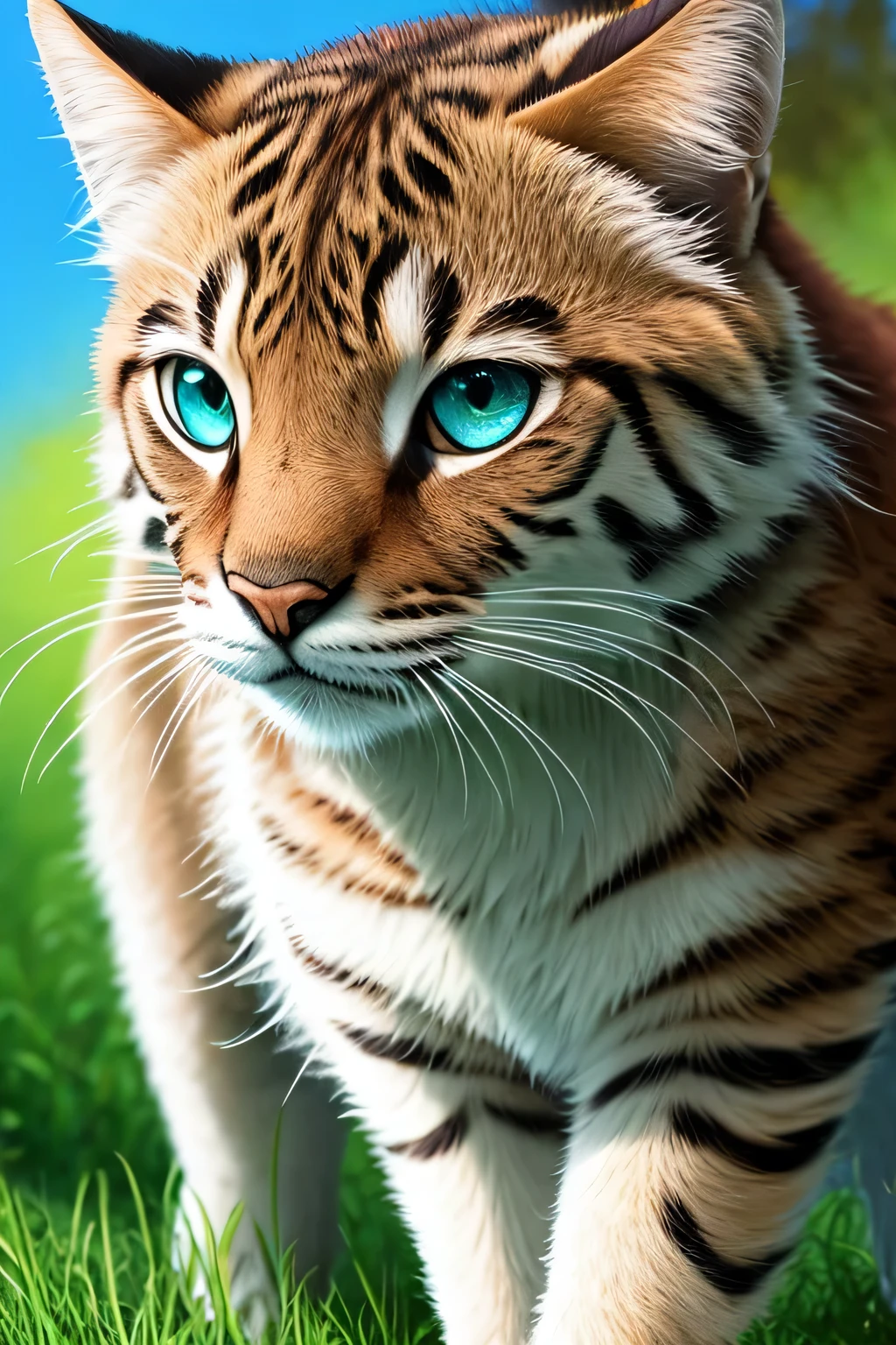 (best quality,4K,8K,highres,masterpiece:1.2),Ultra-detail,(realisti,photorealisti,photo-realisti:1.37),Illustration,animal,Standing position from the front,blue,grau,brown,bright green eyes,floral background