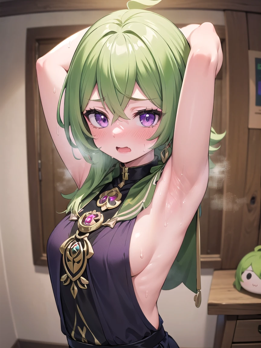 ((masterpiece,best quality)),high resolution,ultra detailed, detailed background,8k,16k,perfect lighting,detailed beautiful eyes,1girl,solo,nsfw,embarrassed,blush,look at viewer,steam,sweat,fisheye lens,confused,watery eye,(arms up,show off armpits,upper body:1.3), (steam,sweat:1.2),wavy mouth,open mouth,,(green hair,short stature,short body,purple eyes,kawaii,wooden house,colleirnd,colleidef,skinny,anime style),