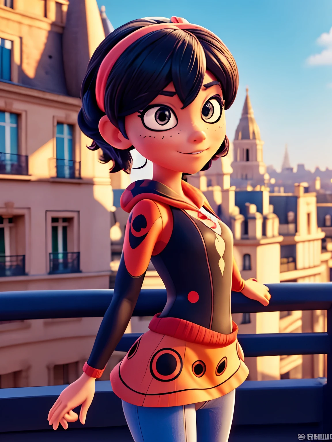 Miraculous ladybug in Paris, looks at viewer action pose