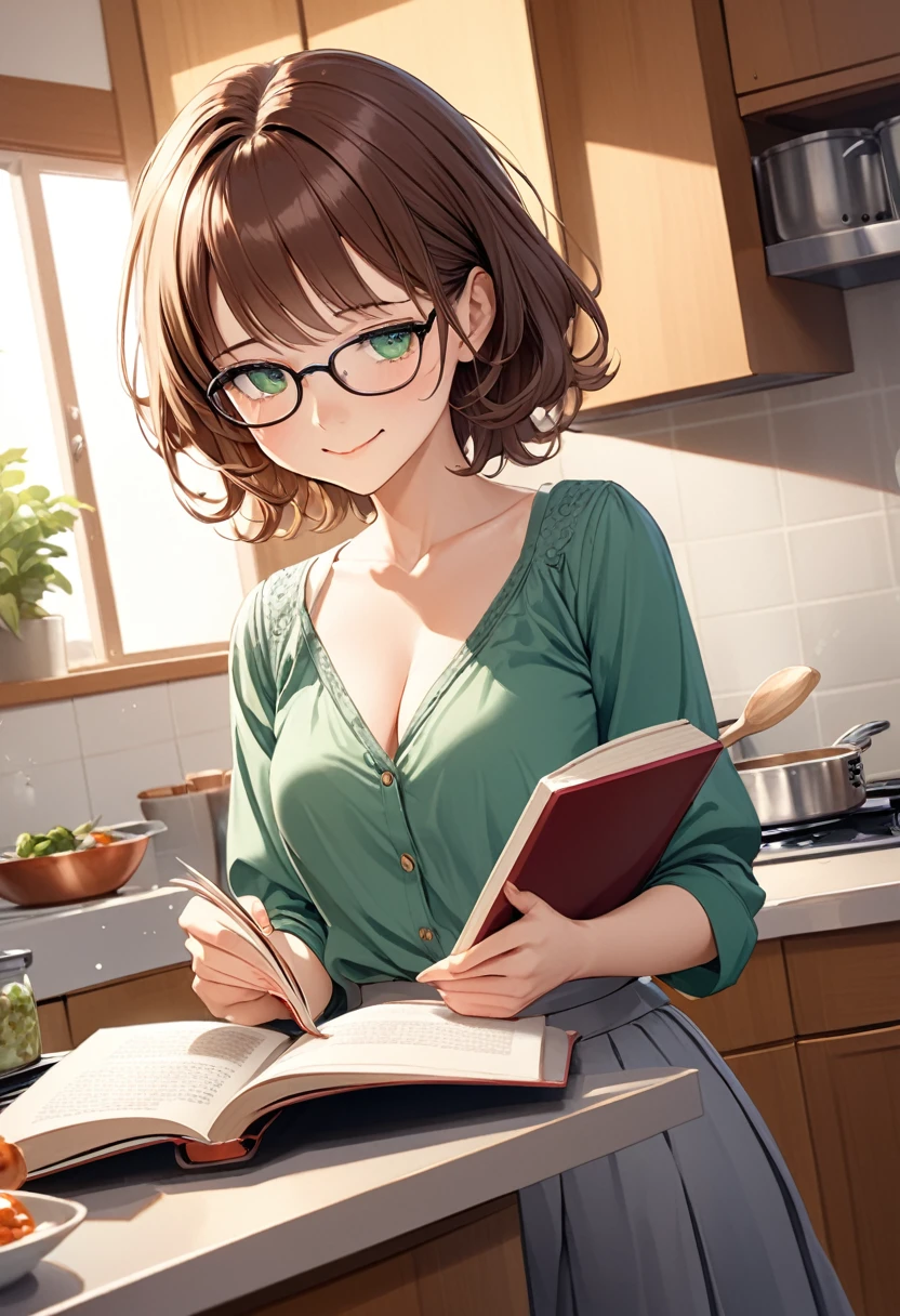 detailed illustration ,dynamic angle, ultra-detailed, detailed eyes, detailed face, 1girl, reading book, long brown hair, glasses, green eyes, small smile, shy, blushing, horny, short gray skirt, green blouse, cleavage, medium breasts, standing, kitchen, books, reading, cooking food, smiling, delight