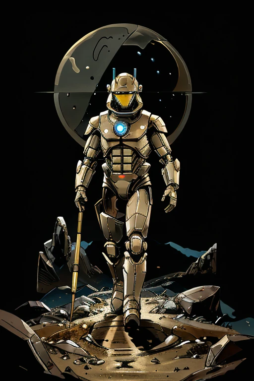 A golden and gray humanoid robot walking, researching the soil with an LED light that touches the ground, carrying out analyzes and collecting samples of soil components , not just with snow, in the background frozen mountains (( there is no vegetation and there are no trees on this planet)).View outside the ship.