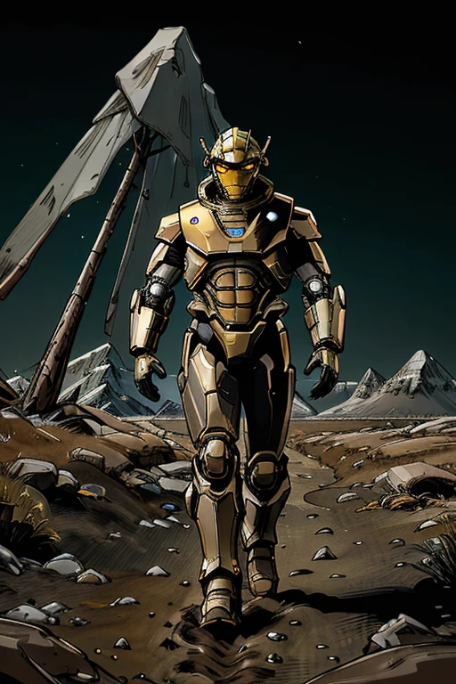 A golden and gray humanoid robot walking, researching the soil with an LED light that touches the ground, carrying out analyzes and collecting samples of soil components , not just with snow, in the background frozen mountains (( there is no vegetation and there are no trees on this planet)).View outside the ship.
