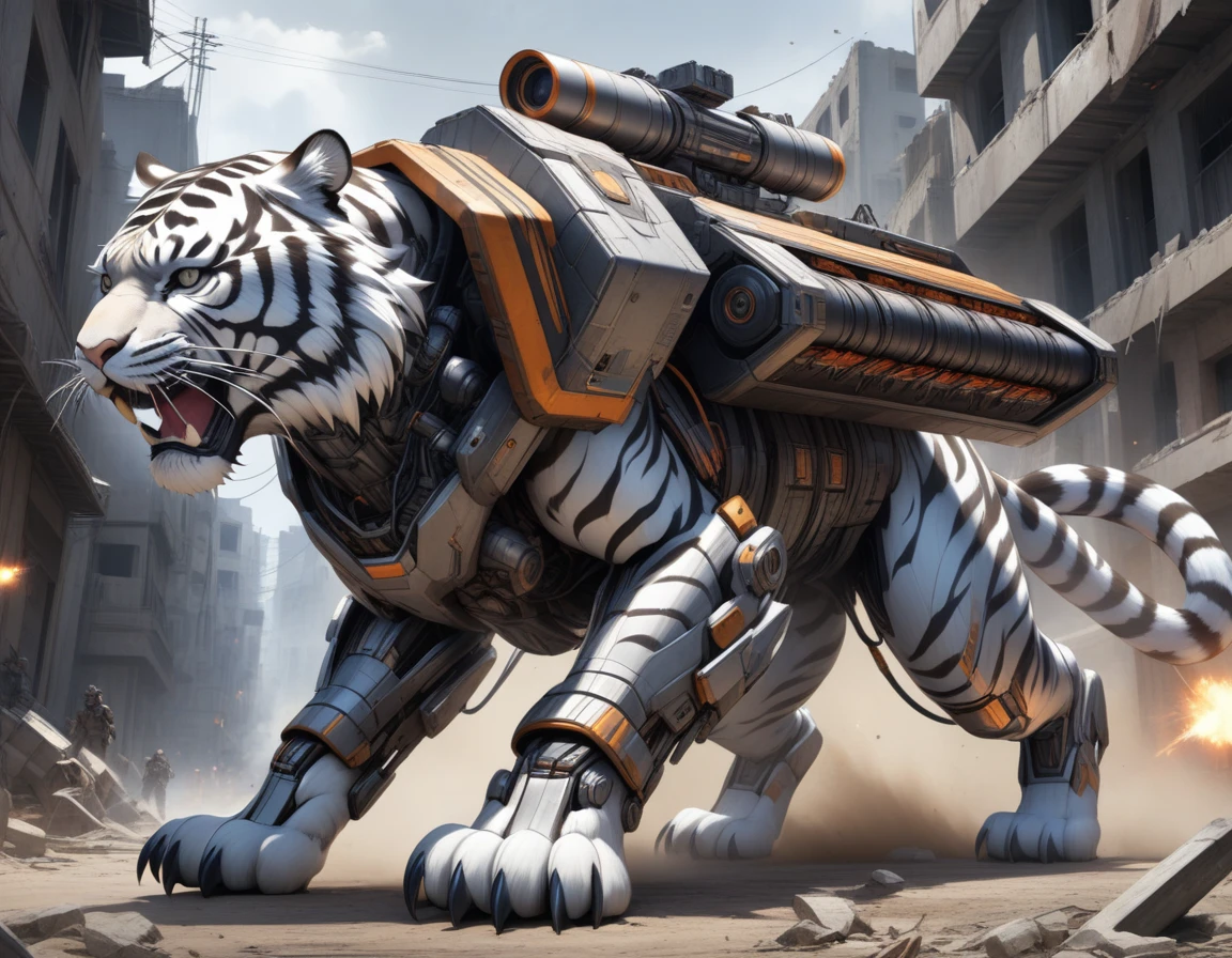 Ultra-realism, ((Masterpiece)), ((Best Quality)), (Very Detailed), ((Very Detailed)), 4K, (8K), very aesthetic, absurdres highres, Create highly textured mechanical tiger artwork. This tiger has a metallic sheen and realistic texture and is constructed with detailed mechanical elements. The colors are metallic gray and silver, with hints of rust, giving it an aged but advanced technological look. The background is simple and focuses on the intricacy and craftsmanship of the tiger design, Design a combat-ready cybernetic tiger equipped with powerful weapons, situated in an outdoor battlefield. The tiger should have missile launchers on its back, laser s on its front legs, and a shield on its shoulders. It should be slashing at enemies with its sharp claws while advancing and delivering powerful attacks. The background should depict a war-torn battlefield with destroyed buildings, action posing, dynamic angle,