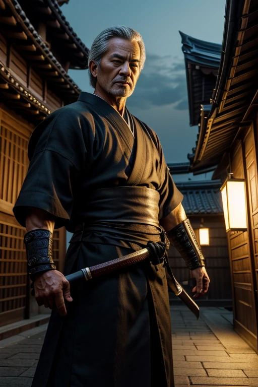 (masterpiece, Extremely realistic, photo-realism, Extremely precise in every detail:1.1), (best quality:1.1), (extremely detailed CG unity 8k wallpaper), (best illustration), (best shadow), (absurdres:1.1), (realistic lighting), ((beautiful detailed glow)), a senior Ninja, hold a Samurai-sword, on the old Edo-city, night time