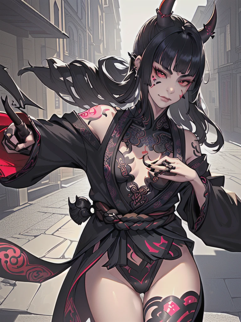 (photorealistic:1.3), masterpiece, best quality, (intricate details:1.2), (scenery:1.3), beautiful face, (black theme:1.3),
(((1girl, a girl in patterned kimono holding a dagger in her hand, (look at veiwer:1.3), (face tattoo:1.2), small oni horn,
))), full body, split in half