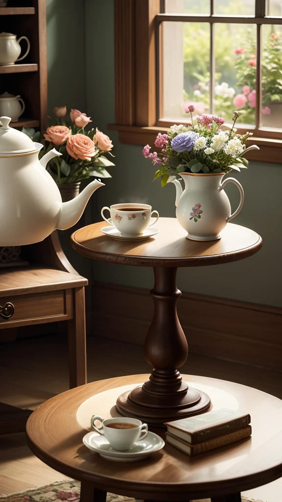 Table with coffee cup and teapot with a vase of flowers next to it 