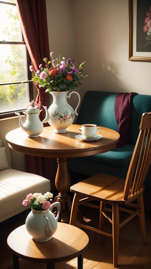 Table with coffee cup and teapot with a vase of flowers next to it
