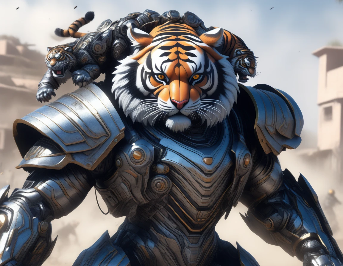 Ultra-realism, ((Masterpiece)), ((Best Quality)), (Very Detailed), ((Very Detailed)), 4K, (8K), very aesthetic, absurdres highres, Create highly textured mechanical tiger artwork. This tiger has a metallic sheen and realistic texture and is constructed with detailed mechanical elements. The colors are metallic gray and silver, with hints of rust, giving it an aged but advanced technological look. The background is simple and focuses on the intricacy and craftsmanship of the tiger design, Design a combat-ready cybernetic tiger equipped with powerful weapons, situated in an outdoor battlefield. The tiger should have missile launchers on its back, laser guns on its front legs, and a shield on its shoulders. It should be slashing at enemies with its sharp claws while advancing and delivering powerful attacks. The background should depict a war-torn battlefield with destroyed buildings, action posing, dynamic angle,