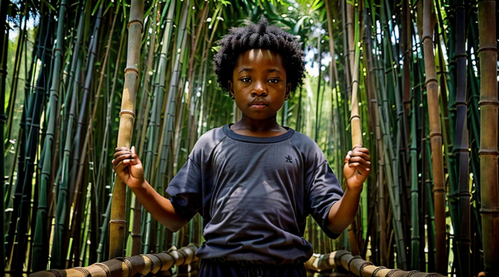 Image of a black ager, 12 yearing a dark gray long-sleeved shirt = no print - short curly hair - long pants and straw sandals, - looking in profile waking up from sleep into the bamboo grove, - movement of arms waking up in the morning - gets up waking up from the straw floor = stretches when waking up