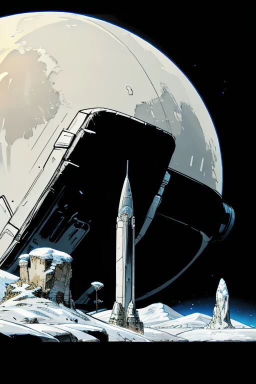 Close UP of an immense spaceship, In the background a gigantic, huge frozen and white planet in the universe.