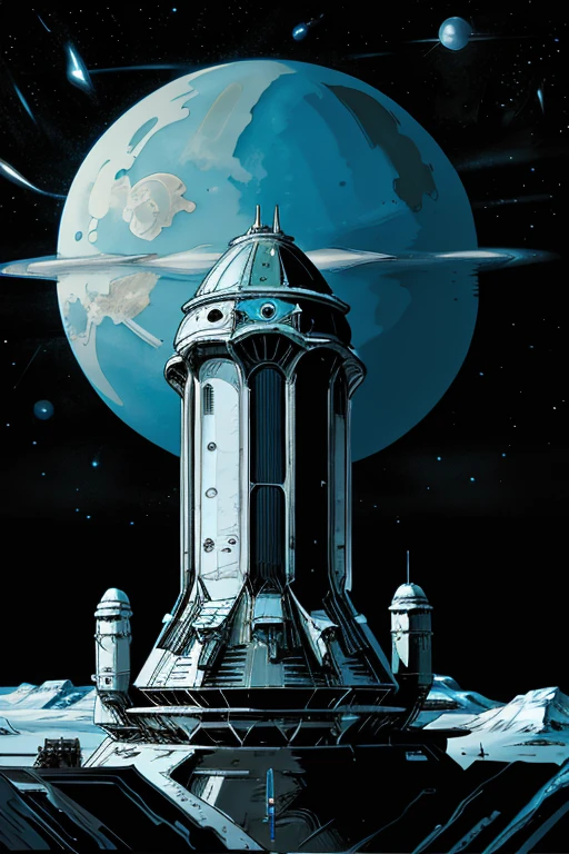Close UP of an immense spaceship, In the background a gigantic, huge frozen and white planet in the universe.