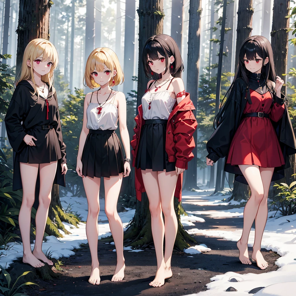 a group of beautiful witch girls in the middle of a forest in the night, standing girl , red and black hair, red eyes, young girl,scantily clad , small breasts, short black dress, necklaces, jewelry decorations, red and blonde hair, blue eyes, full body, bare feet, snow, black clothes, black and red clothes, necklaces, girls standing,short skirt, sexy ,exposed shoulders light dress, transparent dress, girls standing in the middle of the forest , bracelets, earrings, completely ????? tribal tattoos, three girls, blonde hair, black hair , red hair, smile