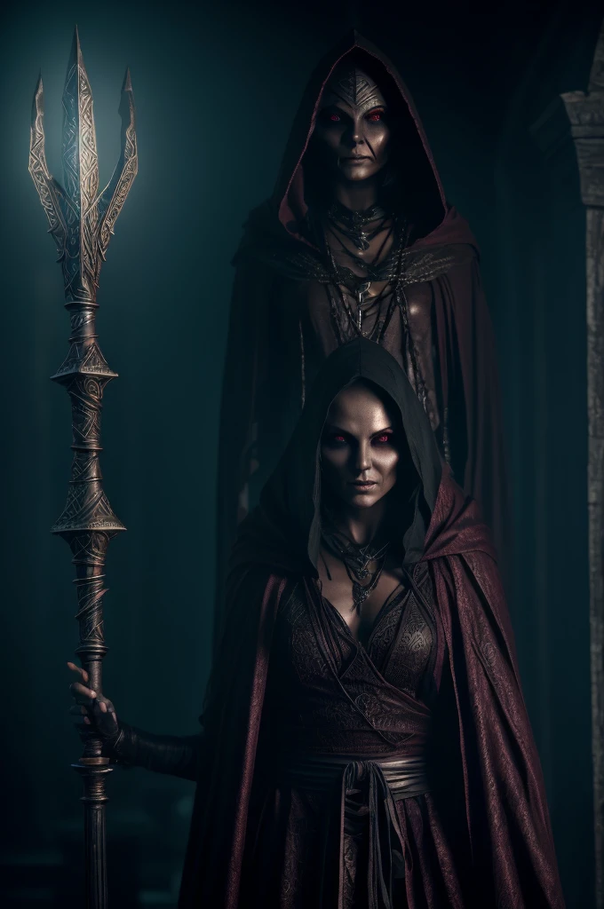 a dunmer necromancer, a dunmer stealth hybrid, worshiper of namira, detailed face, intricate robes, glowing eyes, holding a staff, dark fantasy, moody lighting, cinematic composition, dramatic, rich color palette, muted tones, atmospheric, highly detailed, photorealistic, 8k, best quality