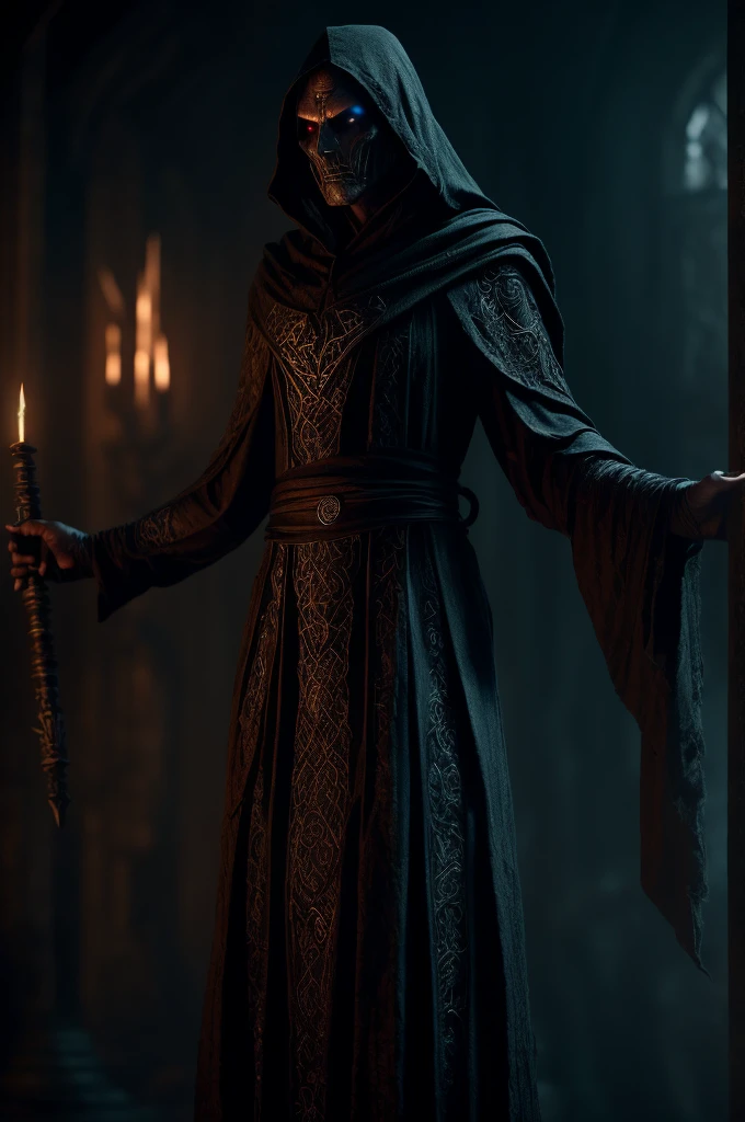 a dunmer necromancer, a dunmer stealth hybrid, worshiper of namira, detailed face, intricate robes, glowing eyes, holding a staff, dark fantasy, moody lighting, cinematic composition, dramatic, rich color palette, muted tones, atmospheric, highly detailed, photorealistic, 8k, best quality