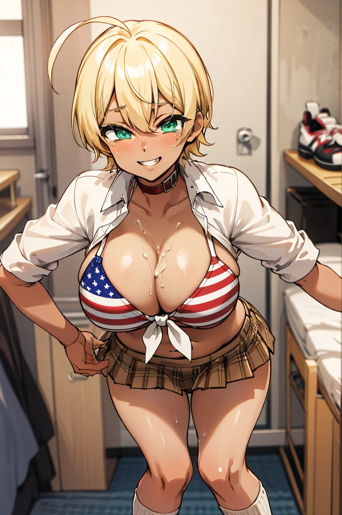 masterpiece, best quality, highres, mi1, dark skin, blonde hair, ahoge, green eyes, blue eyes, american flag bikini, plaid skirt, collar, bikini top only, tied shirt, smile, (((big breasts))),grin,miniskirt,my room,socks,standing,midriff,socks,,,(((trembling)))