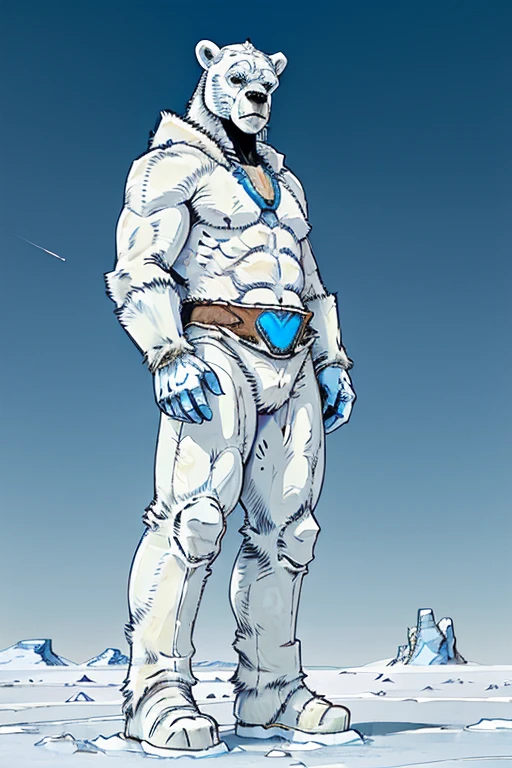 ((A humanoid white polar bear with abnormal musculature, very robust, blue eyes is standing looking up looking at the sky and uses some animal hides as clothing)), frozen ground and desert scenery, no trees there are no plants on this planet. Low left photography angle