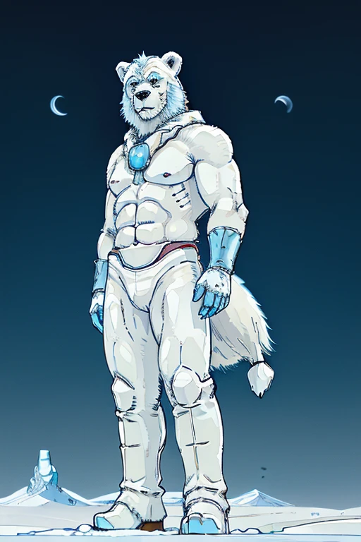 ((A humanoid white polar bear with abnormal musculature, very robust, blue eyes is standing looking up looking at the sky and uses some animal hides as clothing)), frozen ground and desert scenery, no trees there are no plants on this planet. Low left photography angle