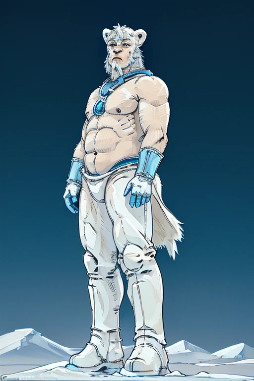 ((A humanoid white polar bear with abnormal musculature, very robust, blue eyes is standing looking up looking at the sky and uses some animal hides as clothing)), frozen ground and desert scenery, no trees there are no plants on this planet. Low left photography angle