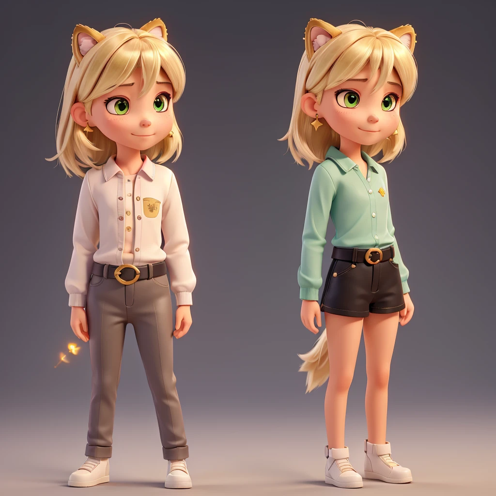 A single 14 year old girl with light ash blonde wolf cut hair with extra light ash blonde highlights, gold star piercing in left ear and gold star earrings in right ear, pale skin with pink tones, good body, black shirt with long sleeves showing the shoulders and a little chest, light gray pants, black belt with golden evilla, small boots with short black heels, Asian descent, tiger tattoo on the left side of the neck, star sirius thigh tattoo, crystal clear green eyes, calm look and tender smile with small white fangs, long eyelashes and light ash blonde color, night background and sexy pose,